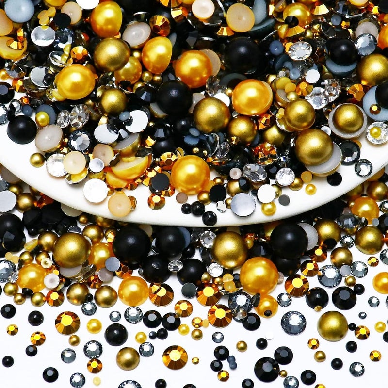 Towenm 60g Mix Flatback Pearls and Rhinestone, 2mm-10mm Mix Rhinestones and Pearls for Crafts Tumblers Shoes Nails Face Art, with Picker Pen, Black|Gold|Yellow - Image 1